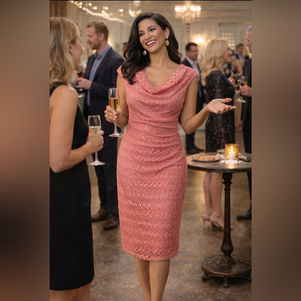 Connected Dress 12 Pink Stretch Lace Career Cruise Party Washable NEW NWT